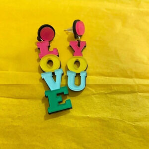 Chunky Acrylic Statement LOVE YOU Earrings – Colorful Pink Yellow Blue Dangle